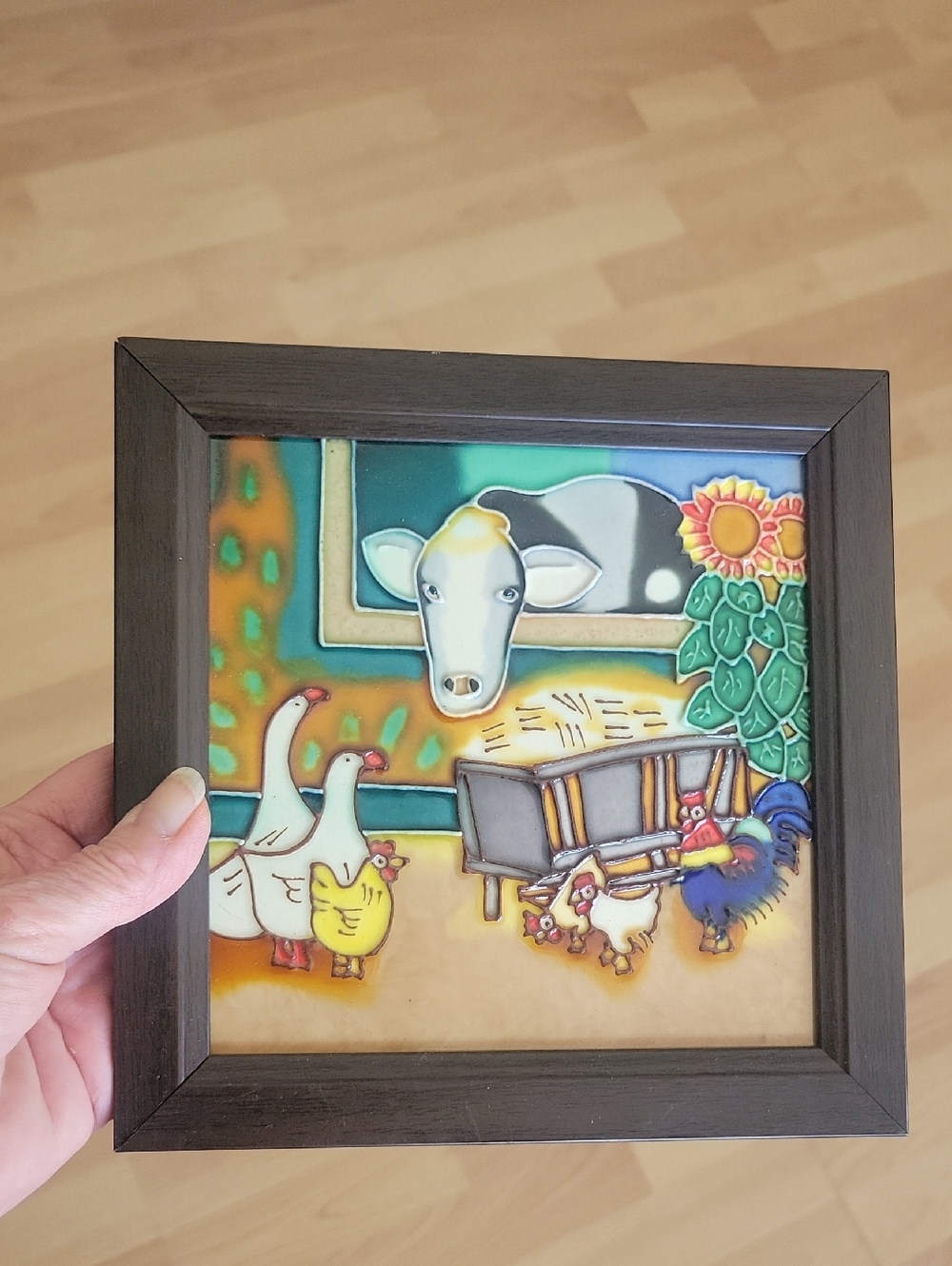Farmyard Ceramic Tile Art in Dark Wood Frame - Colorful Folk Scene